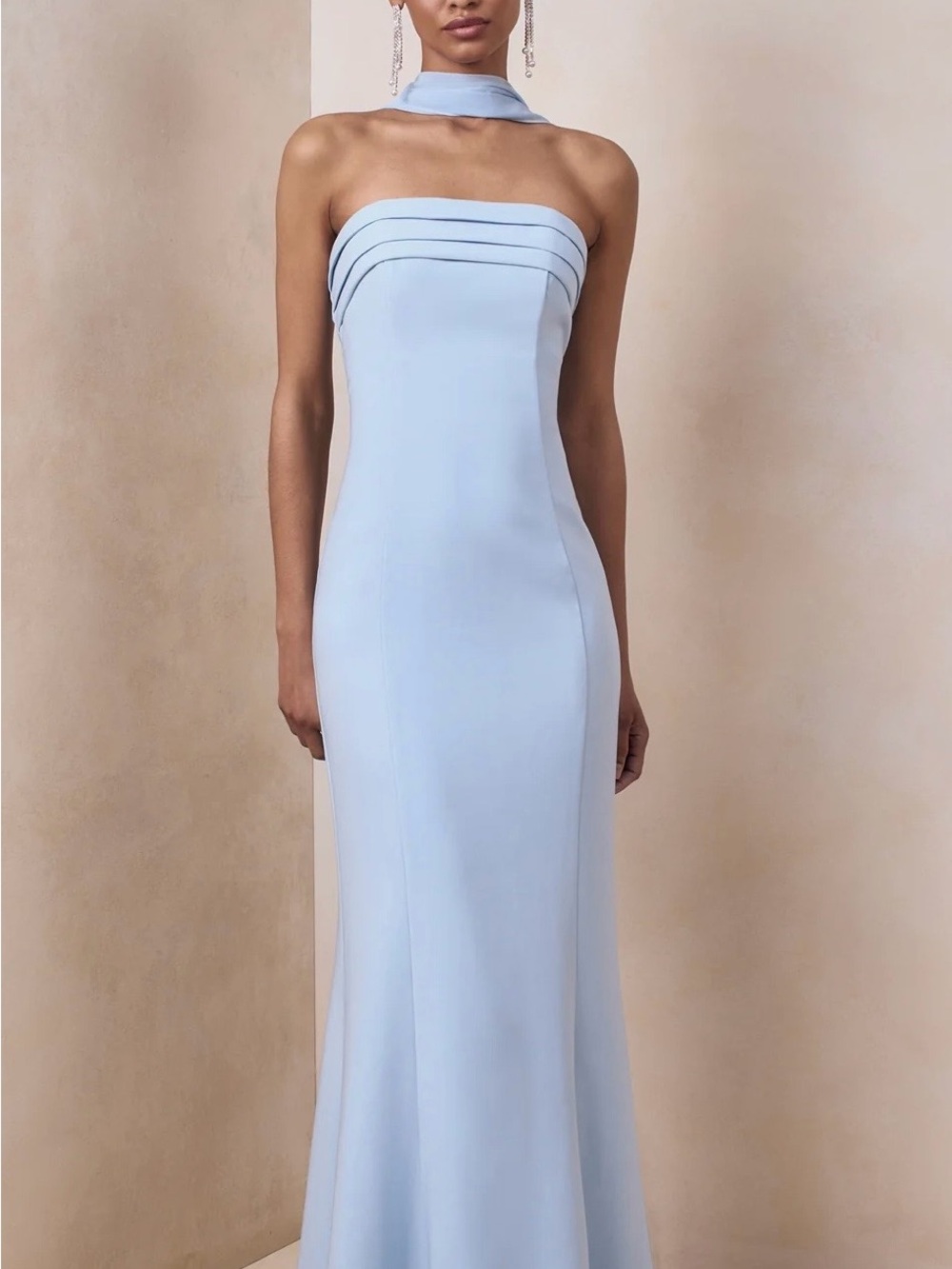 Club London Strapless Maxi Gown with Neck Scarf in Light Blue